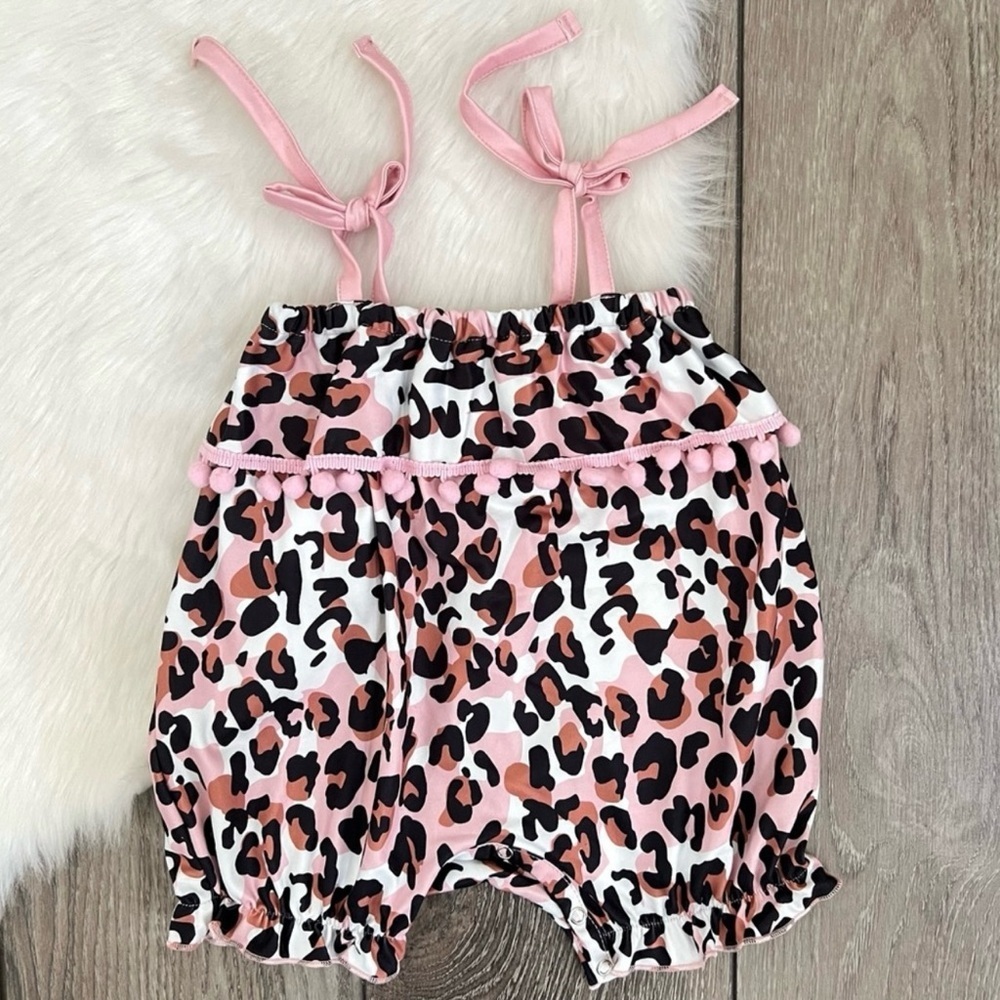 New Boutique Girls Leopard Pom Pom Romper